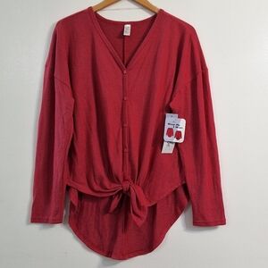 Women's Hacci Tie Front Button Down Viva Magenta Long Sleeve Top,Size Large,NWT